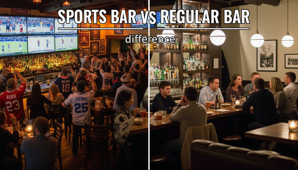 Comparison of a lively sports bar with cheering fans and a relaxed regular bar with people enjoying drinks.